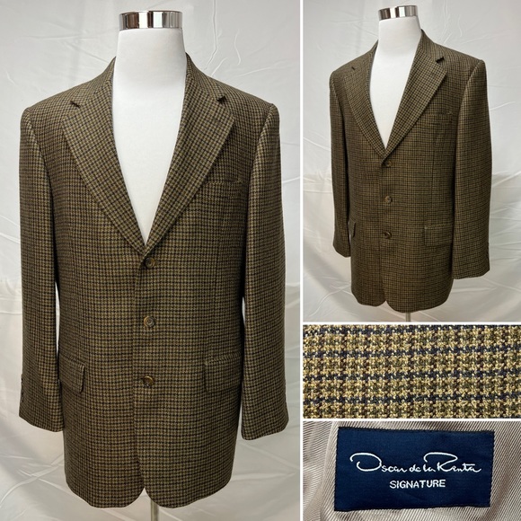 Oscar De La Renta Signature 100% Wool Brown Plaid Houndstooth 42L